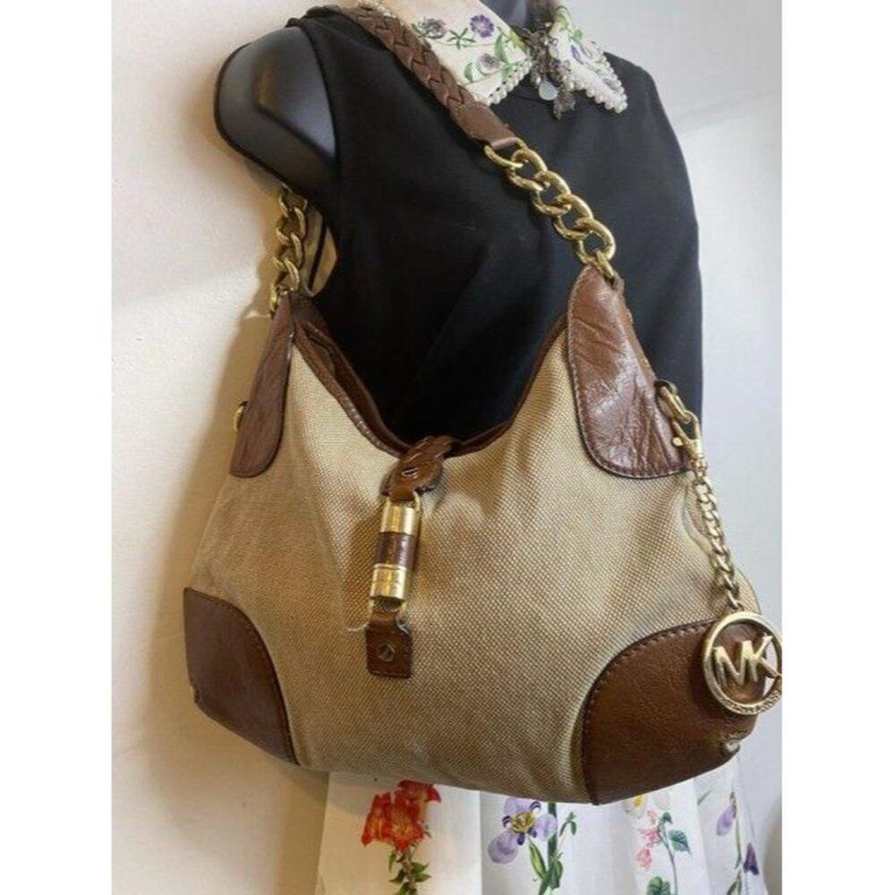 michael kors handbag tan brown fabric hobo bag - Picture 5 of 12